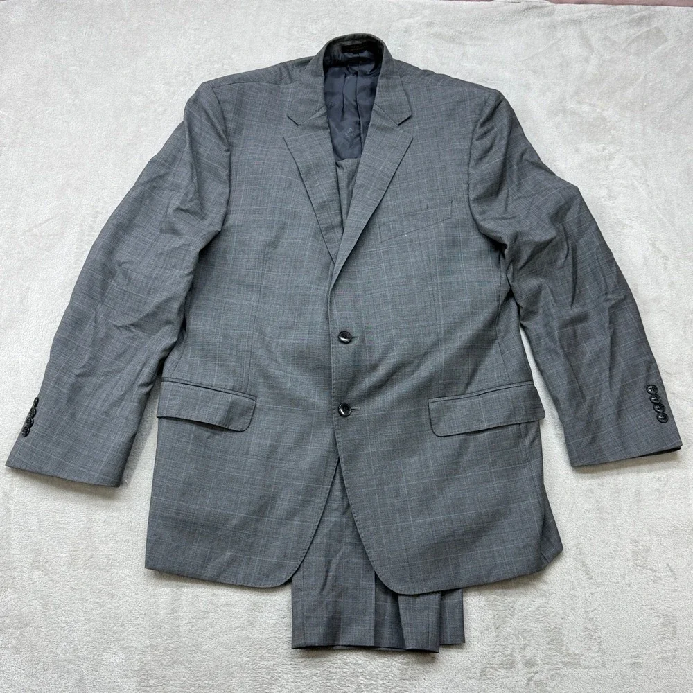 Jos. A. Bank Reserve Suit Mens 44R W38 Gray Glen Plaid 100% Wool 2-Piece Set
